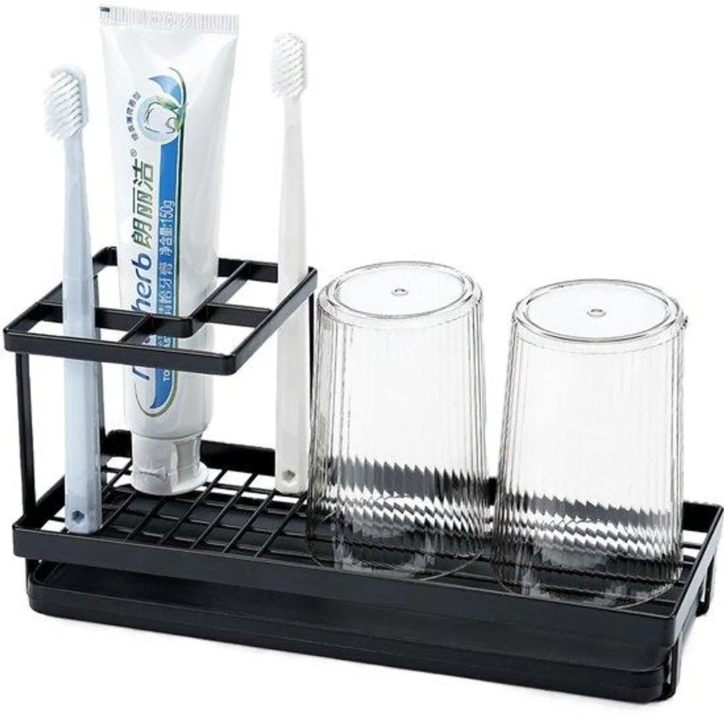 Porte-brosse à dents électrique noir avec 2 gobelets et 4 fentes