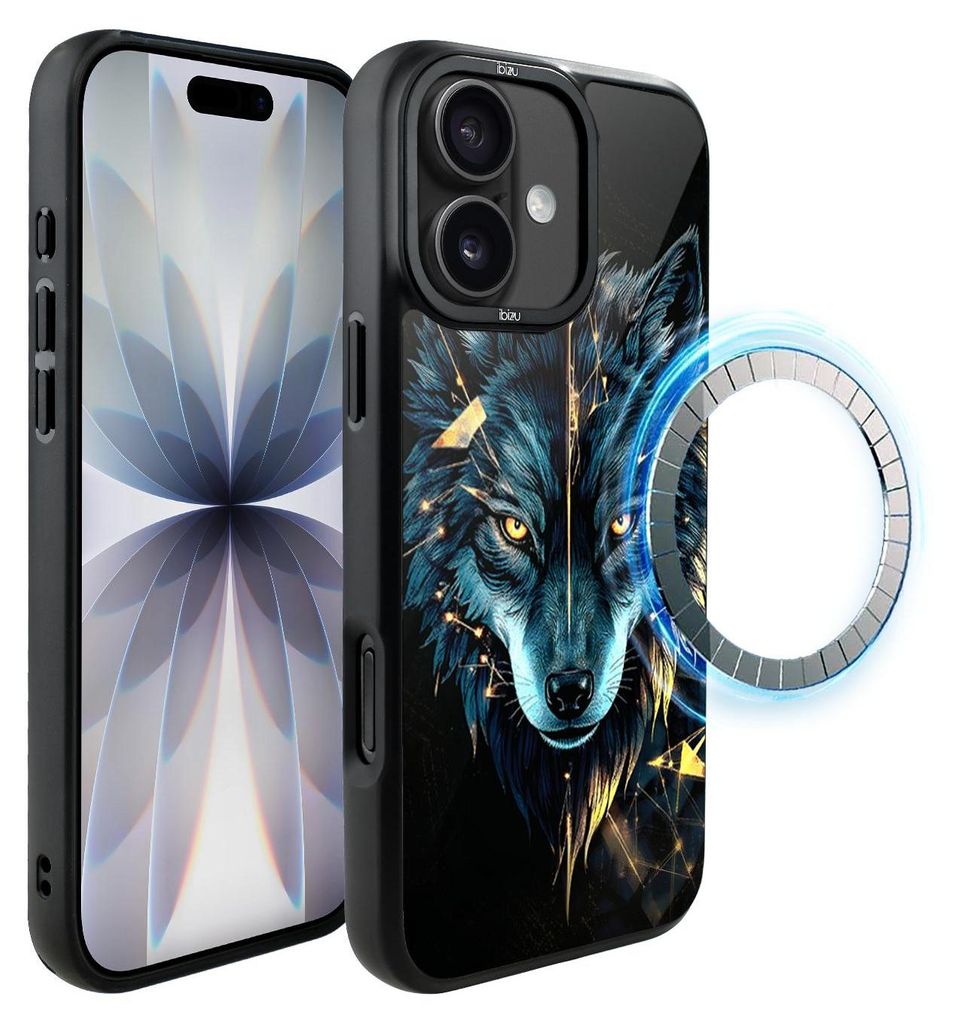 Schutzhülle für das iPhone 17, MagSafe-kompatibel, mattschwarze Seiten, Wolf, blau mit Gold