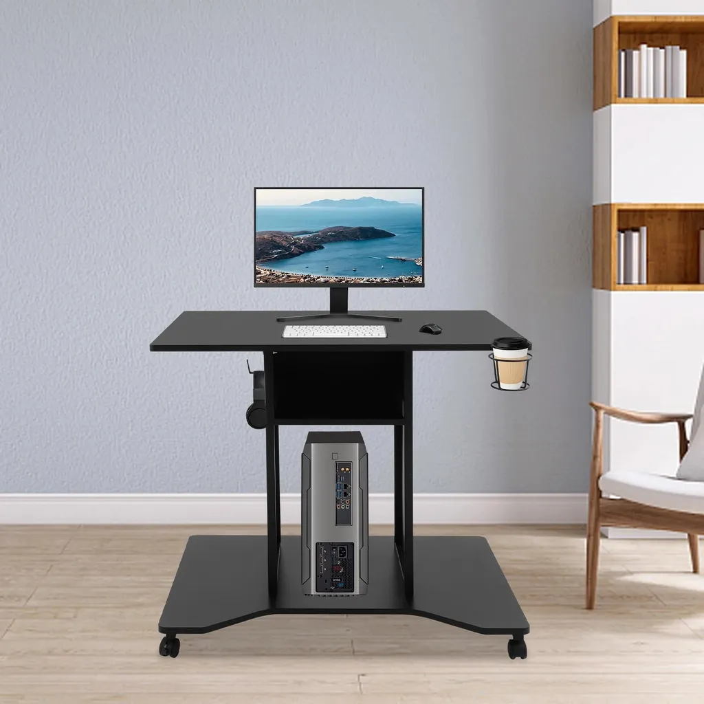 Bureau mobile en U noir avec 4 roulettes pivotantes et freins intégrés