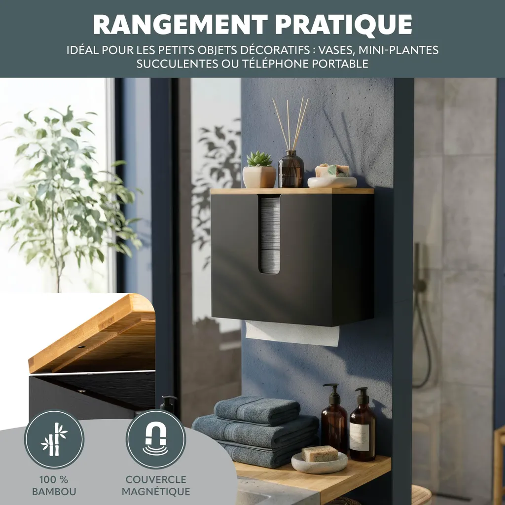 Distributeur de serviettes mural noir en bambou avec couvercle protecteur - 4