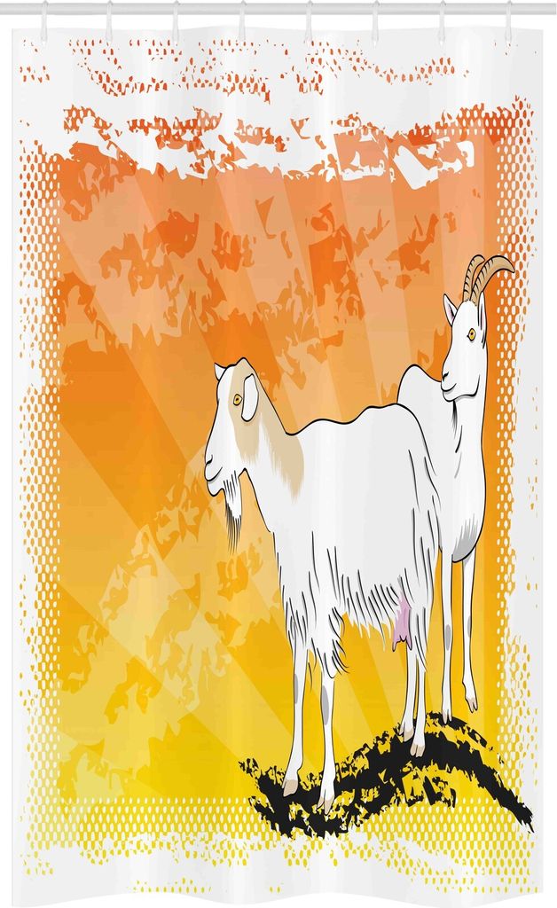 ABAKUHAUS Ziege Schmaler Duschvorhang, Gehörn Säugetier Tier Ranch, Badezimmer Deko Set aus Stoff mit Haken, 120 x 180 cm, Orange Gelb Weiß