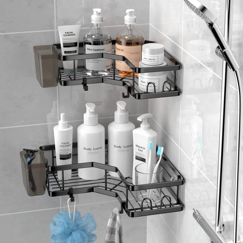Étagère de Douche d'Angle en Acier Inoxydable Noir Mat sans Perçage - 6