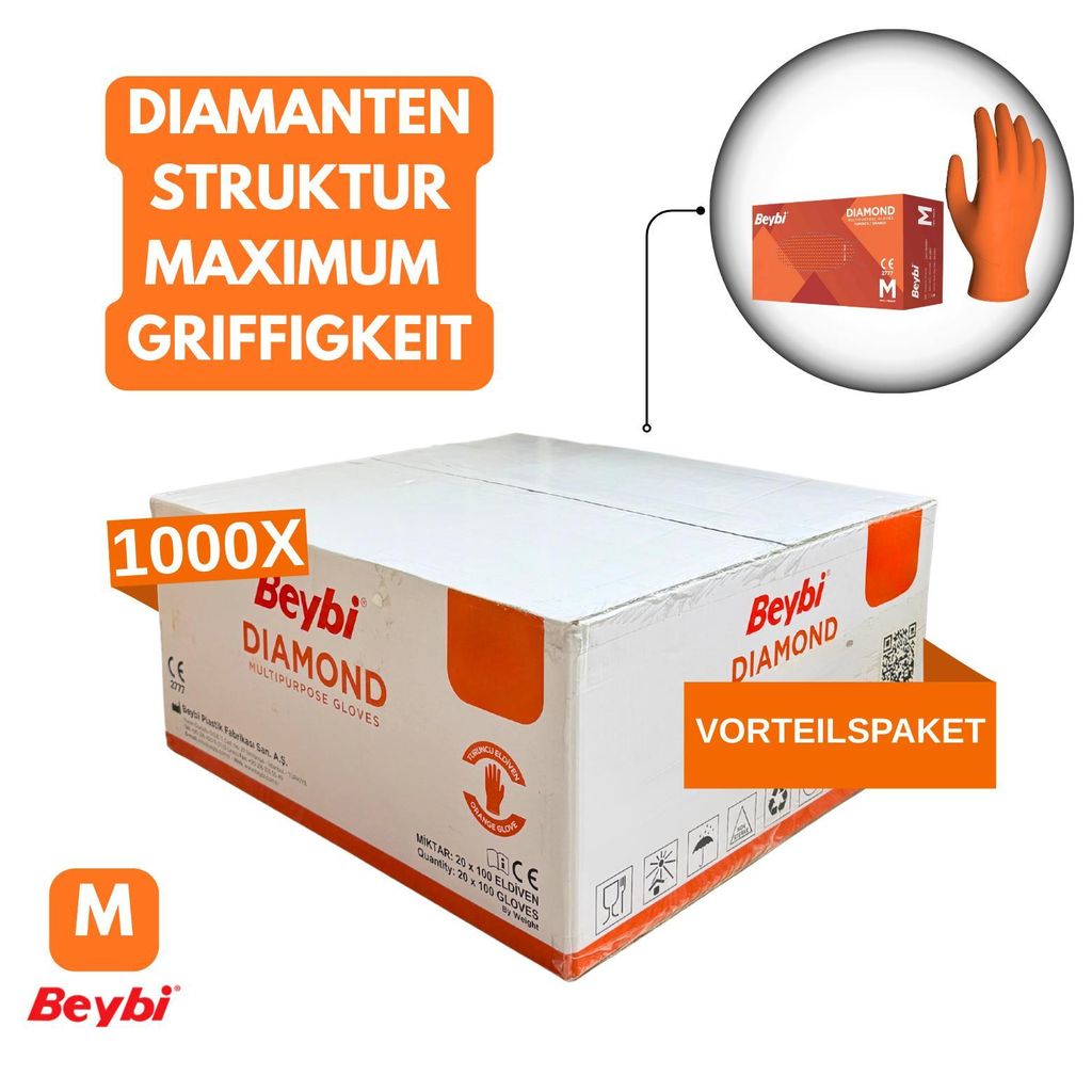 BEYBI Einweghandschuhe Diamant Grip 1000 STÜCK , Orange , Einmalhandschuhe Extra Stark, Nitrilhandschuhe Gr. M 3x Dicker, Handschuhe Einweg,M,L,XL