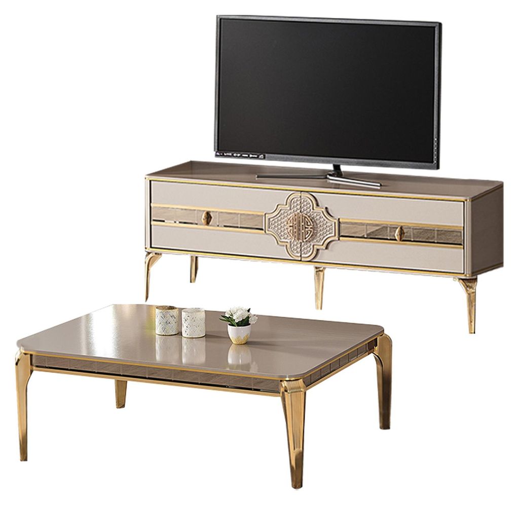 Komplette Wohnzimmer TV Ständer Sofatisch Sideboard Beige RTV Lowboard 2tlg