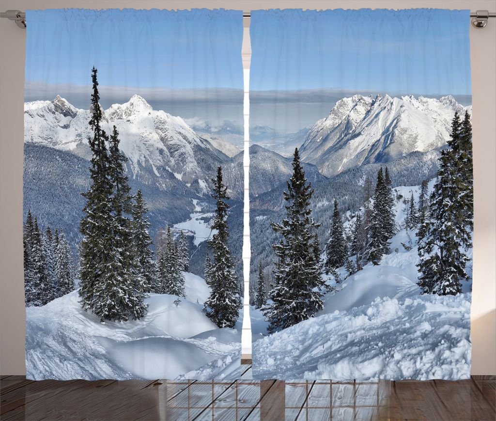 ABAKUHAUS Winter Rustikaler Vorhang, Wald Snowy Berg, Wohnzimmer Universalband Gardinen mit Schlaufen und Haken, 280 x 225 cm, Weiß Grün