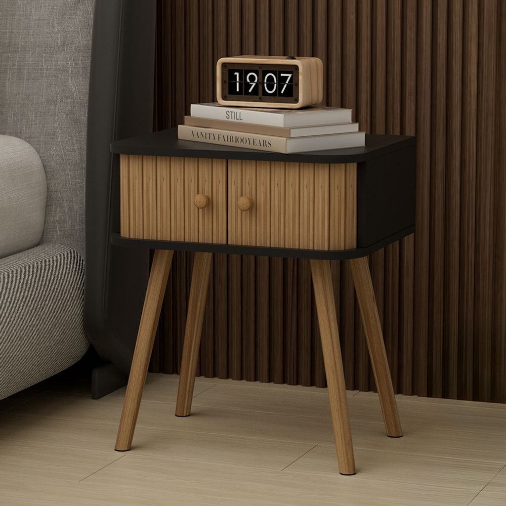 Vicco Nachttisch Germo, 40 x 47 cm 2-er Set, Anthrazit/Bambus