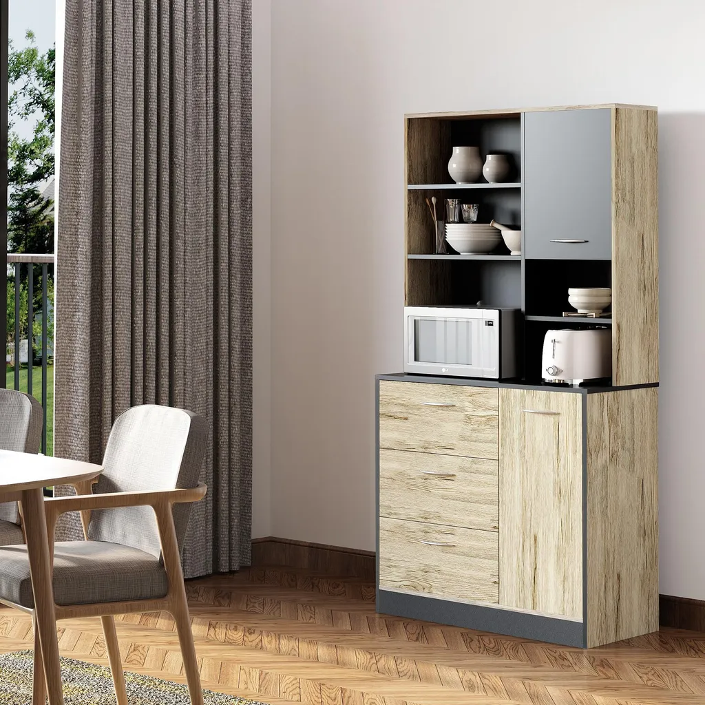 Buffet de cuisine à 2 portes et 3 tiroirs design bois clair et gris chic