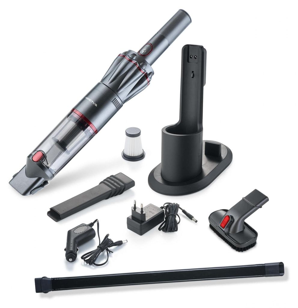 A collection of vacuum cleaner accessories and parts laid out on a white background.