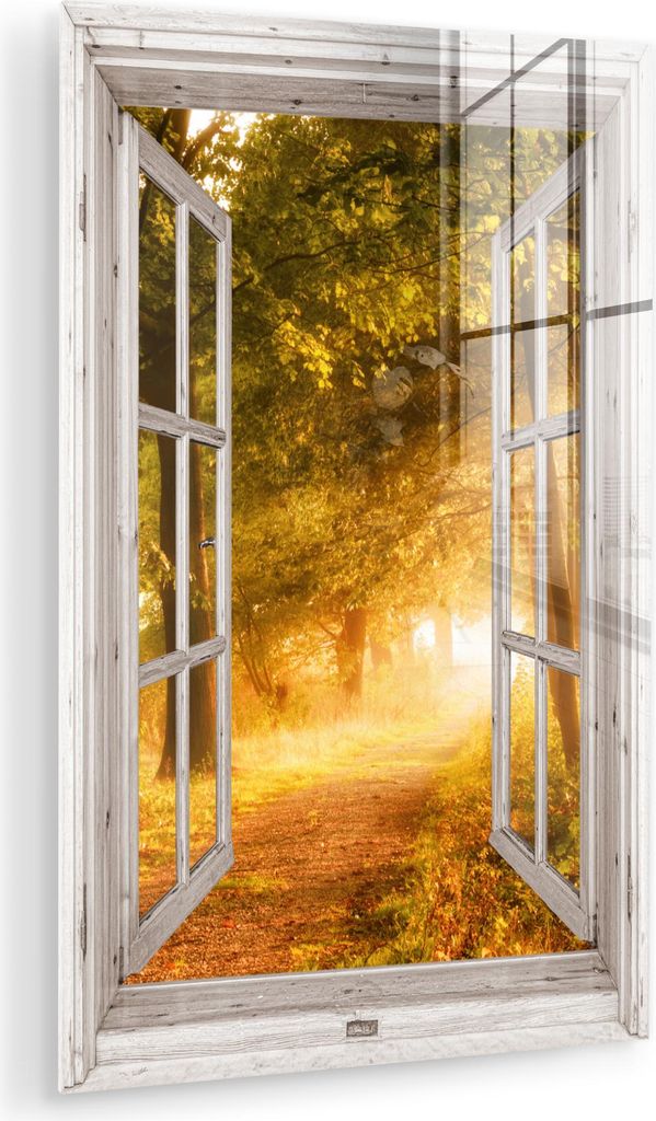 MuchoWow Glasbilder - Bilder auf Wandbild - Foto auf Glas Wald - Bäume - Sonnenlicht - Herbst - Waldweg - Natur - Ausblick 20x30 cm Wanddekoration...