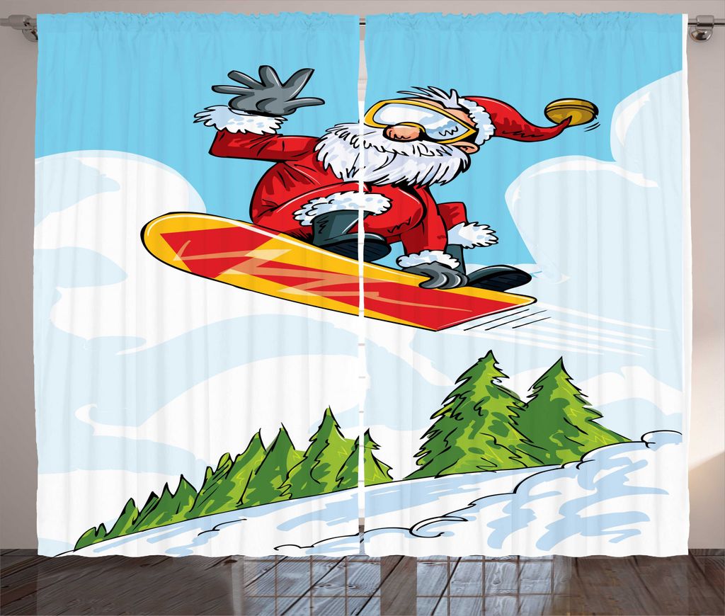 ABAKUHAUS Weihnachtsmann Rustikaler Vorhang, Spring auf Snowboard Pines, Wohnzimmer Universalband Gardinen mit Schlaufen und Haken, 280 x 225 cm, M...