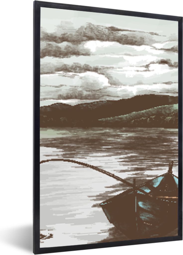 MuchoWow MuchoWow Gerahmtes Poster Boot - Angelrute - Meer 40x60 cm - Poster mit zchwarzem Bilderrahmen - Papierdruck - Wandbilder