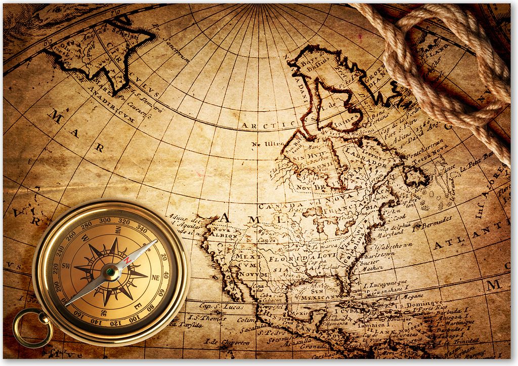 Tulup Leinwandbild - 100x70 cm - Wandkunst - Drucke auf Leinwand - Leinwanddruck - Landkarten & Flaggen - Braun - Kompass Karte