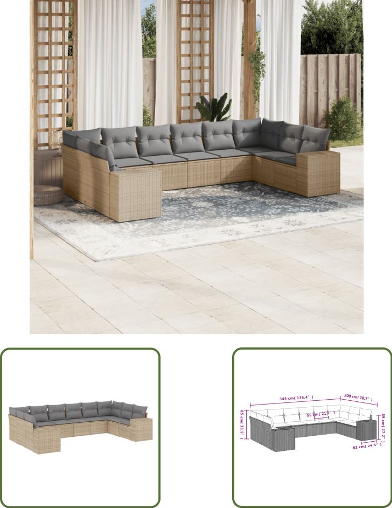 The Living Store 10-tlg. Garten-Sofagarnitur mit Kissen Beige Poly Rattan