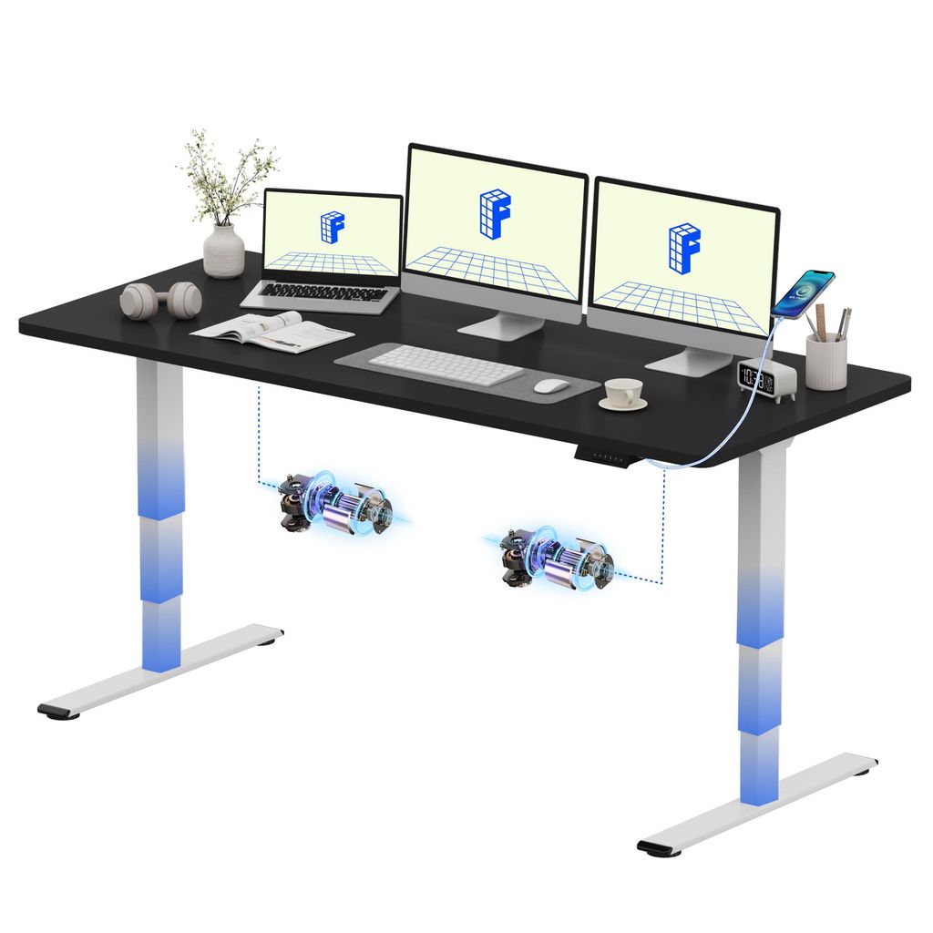 A black standing desk with multiple computer monitors, a laptop, and accessories.
