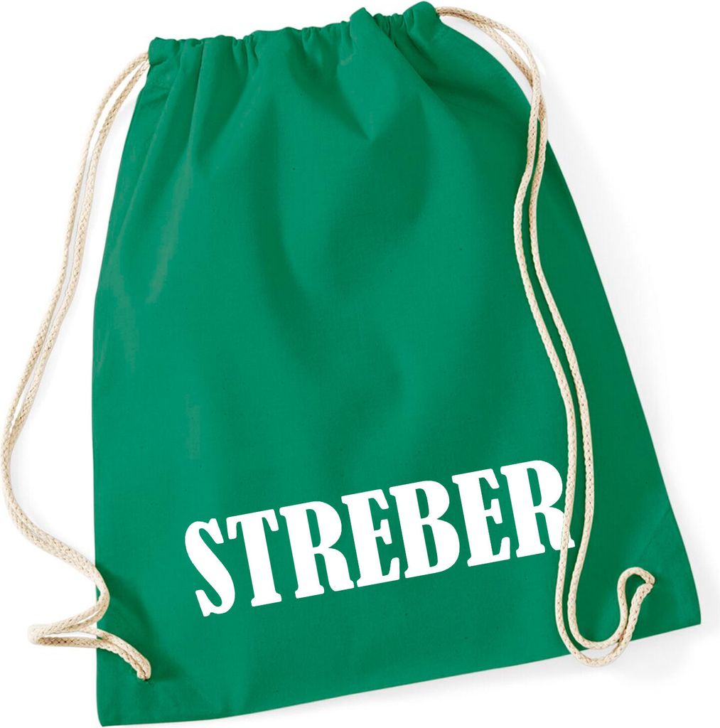 Huuraa Turnbeutel Streber Schriftzug 12 Liter Kelly Green Baumwolle Rucksack Geschenkidee