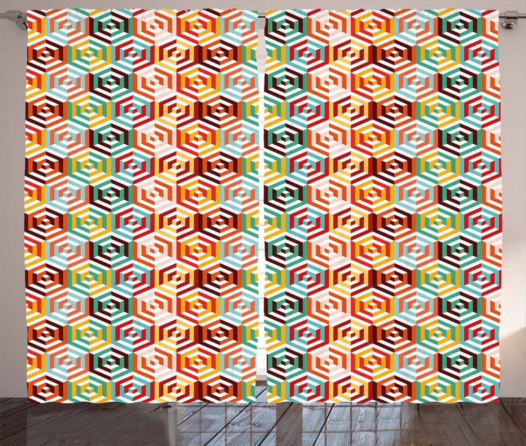 ABAKUHAUS Geometrisch Rustikaler Gardine, Sechseckige Form Retro, Schlafzimmer Kräuselband Vorhang mit Schlaufen und Haken, 280 x 225 cm, Senf Orange