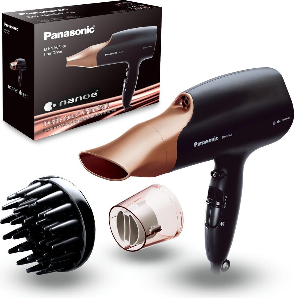A Panasonic EH-NA65 hair dryer and its accessories are displayed against a white background, with its packaging visible.