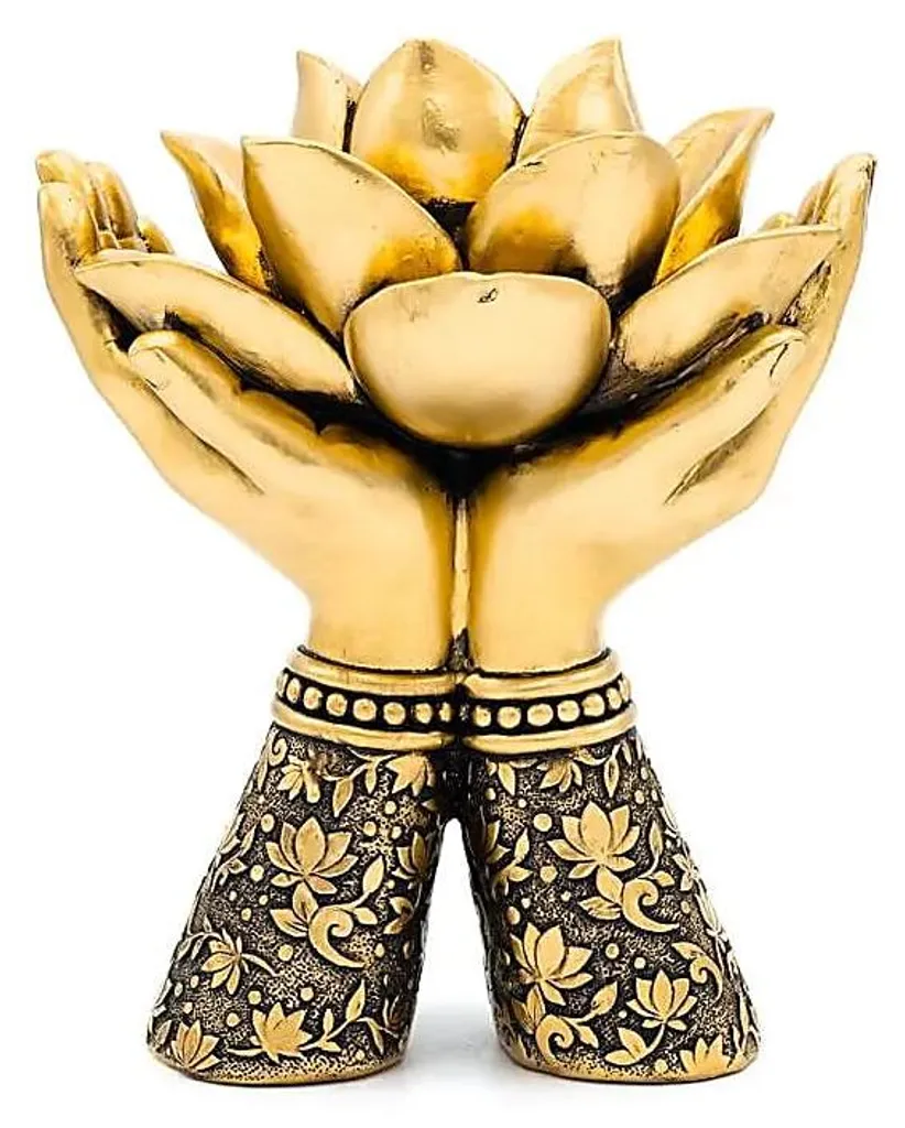Bougeoir Lotus en Forme de Mains - Décoration Statuette Dorée 17cm