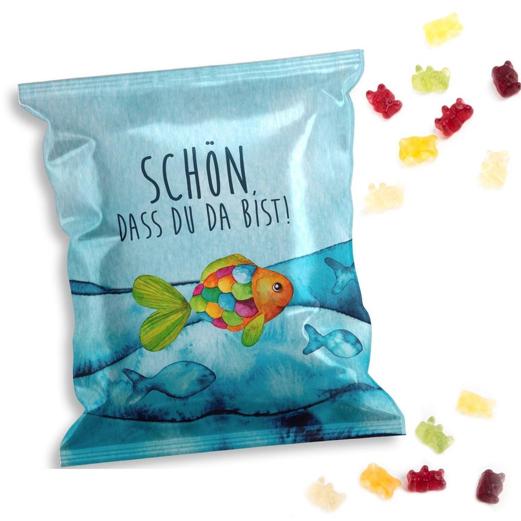 Logbuch-Verlag 10 kleine Gastgeschenke - Fruchtgummi Tütchen türkis bunt mit REGENBOGENFISCH - Tischdeko Give-Away Kommunion100 Stück