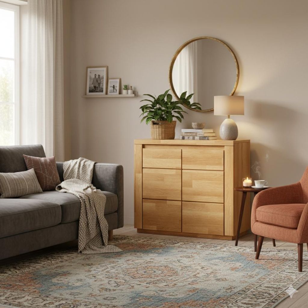 A living room scene featuring a wooden dresser, a sofa, an armchair, and a rug.