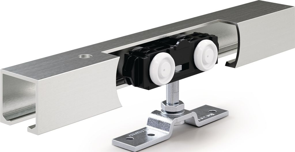 A sliding door roller system on a white background.