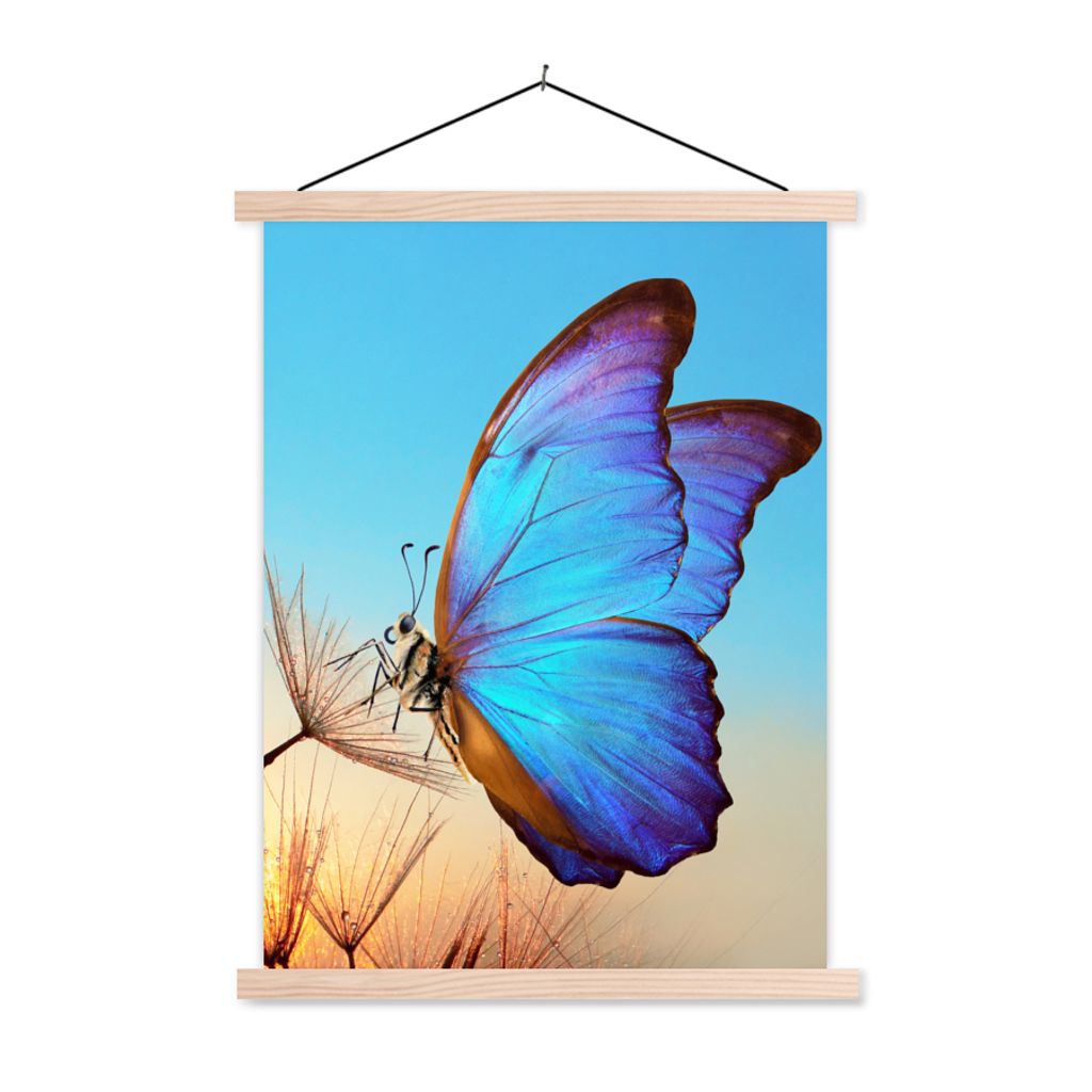 MuchoWow Textilposter Schmetterling - Löwenzahn - Blau 120x160 cm mit holzfarbenen Rahmen - Plakatkarton