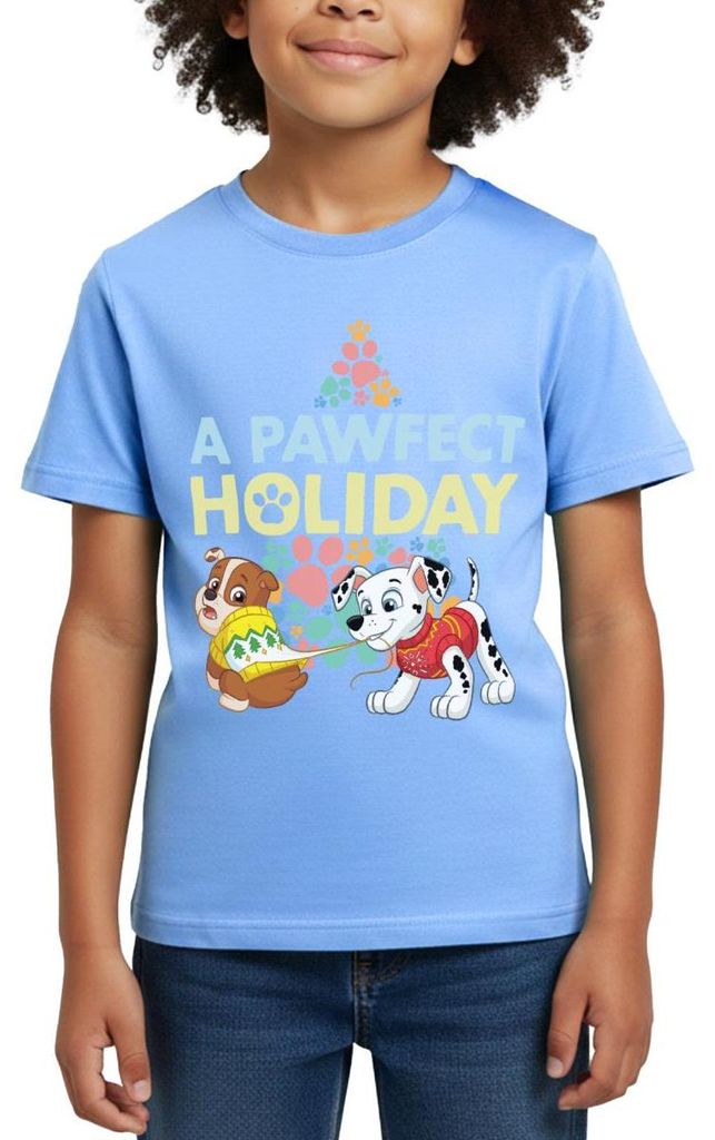 Spreadshirt Paw Patrol Rubble & Marshall Weihnachts-Design Kinder T-Shirt, 122/128 (7-8 Jahre), Himmelblau