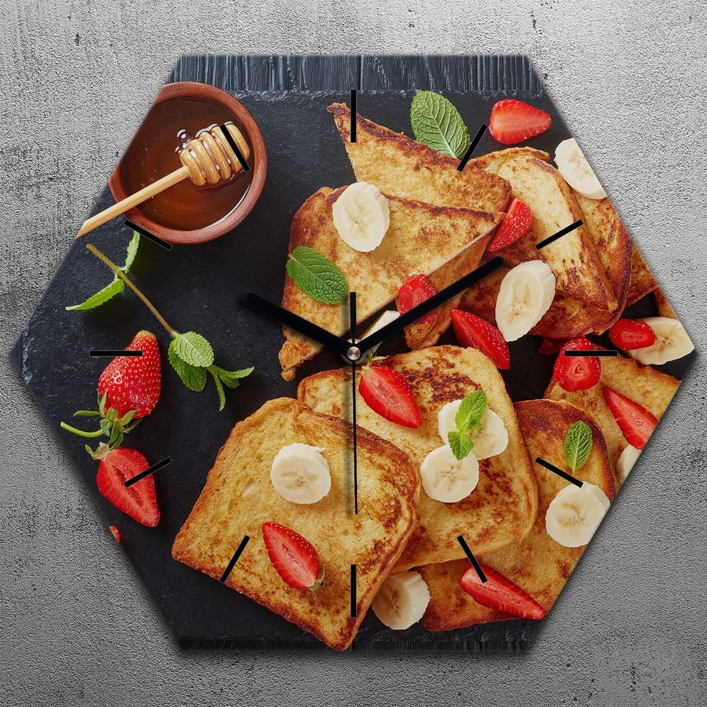 Uhr hexagonal 40 cm Glas Geräuschlos schwarze Zeiger - Toast Banane und Erdbeeren