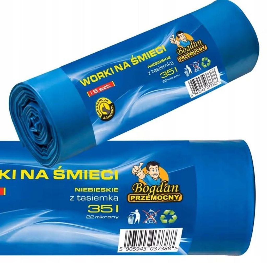 Bogdan Przemocny Müllsäcke mit Zugband 35L 15 Stk. Hochleistungs-Müllbeutel - Blau Mülltüte - Papier, Zeitungen, Karton, Verpackungen