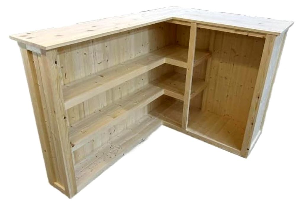 L-förmige Bar aus Holz für den Außenbereich, klassischer Stil mit integriertem Mini-Kühlschrank, 140 cm x 110 cm x 102 cm