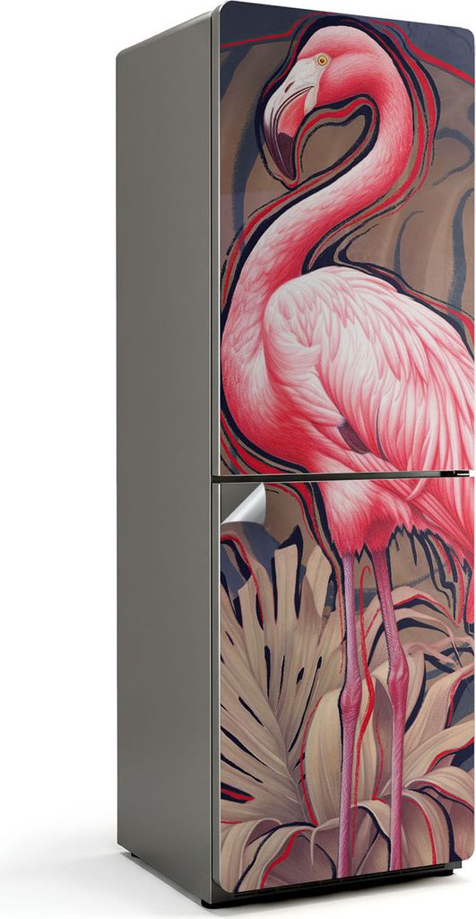 Ein stattlicher Flamingo in den Tropen – Kühlschrank Aufkleber – Klebefolie Kühlschrank – Kühlschrank Nachbildung – Kühlschrankfolie se...