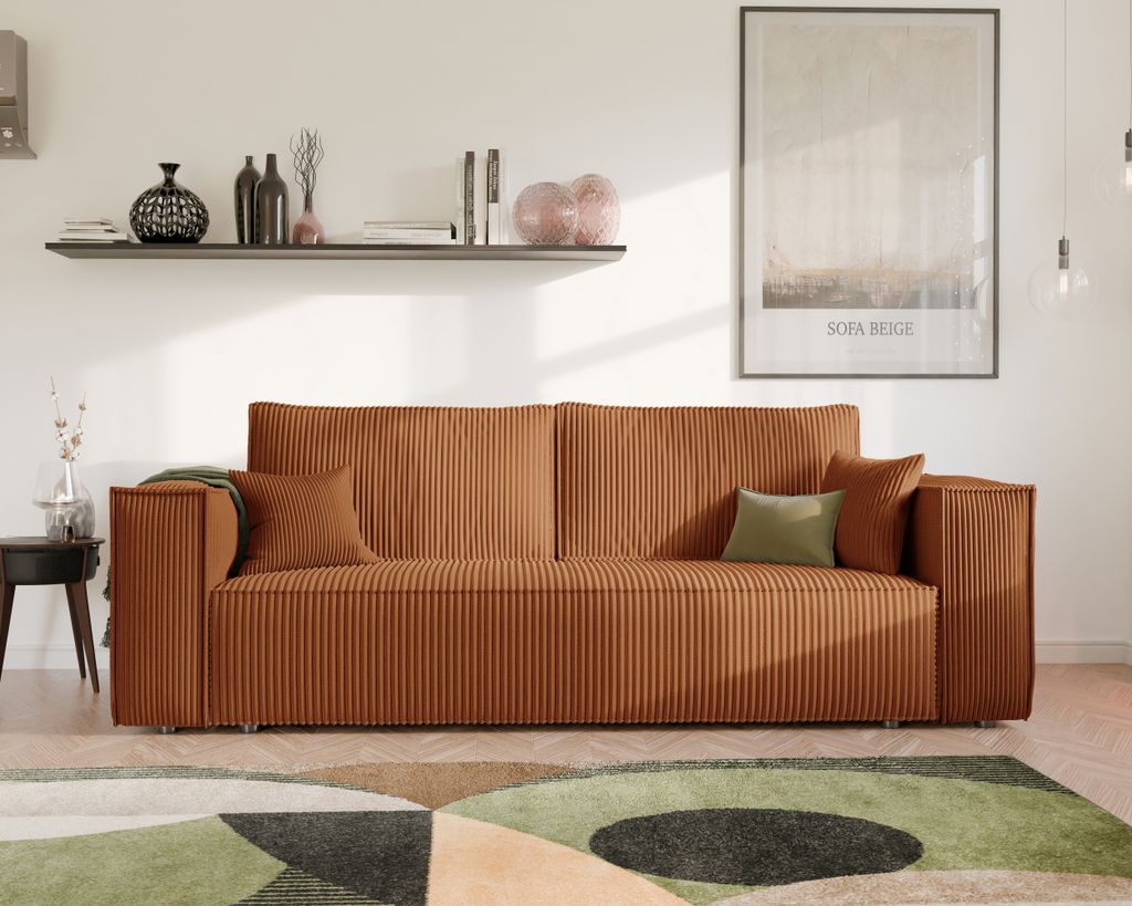 Idohome Freistehendes Polstersofa BALI Sofa mit Schlaffunktion & Stauraum – Modernes Schlafsofa, Cordstoff Orange, Poso 40-platzsparend & langlebig