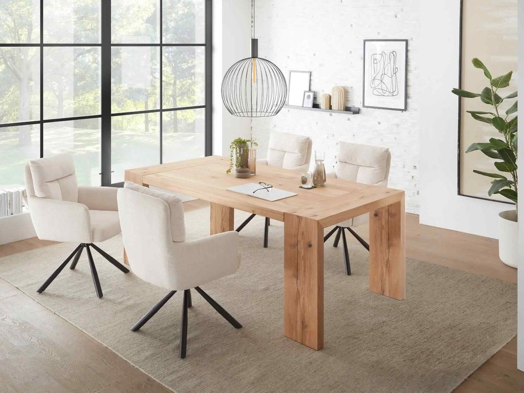 Essgruppe ALASSIO Eiche Massivholz, 4 Stühle in beige gepolstert + Esstisch (BxHxT) 200x76x100 cm