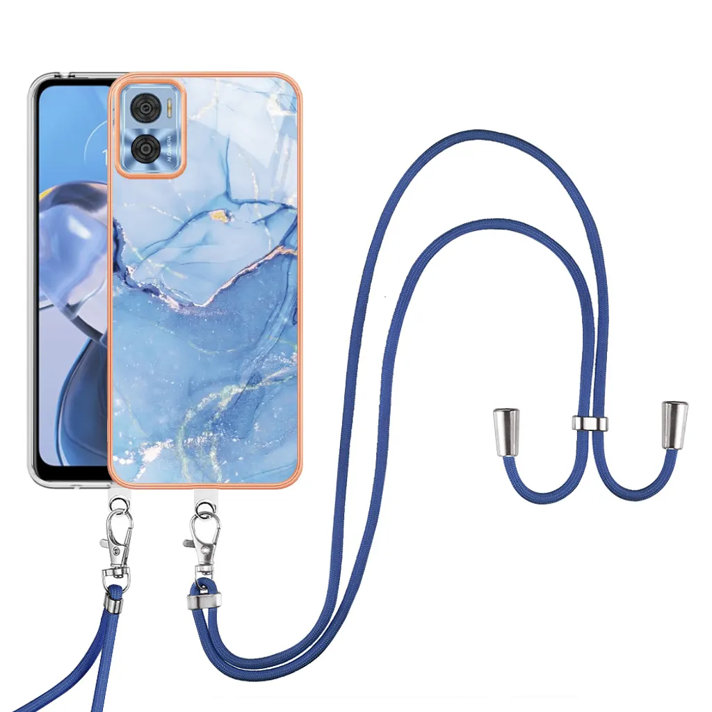 Custodia con cinturino per Motorola Moto E22 / E22i, bumper in TPU a fantasia, custodia protettiva con cinturino regolabile blu