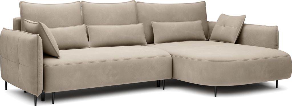 Selsey Oblivio - Ecksofa mit Schlaffunktion, Bettkasten, Veloursbezug wasserabweisend Hellbeige, Ottomane rechts