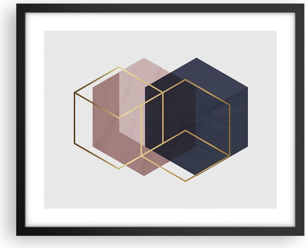 Gerahmtes Poster - Schwarzer Rahmen - Sechsecke Modern Gold - 50x40 cm - Wand Bild - Wanddeko - Wandbilder - Kunstposter - Wandposter - Bilderrahme...