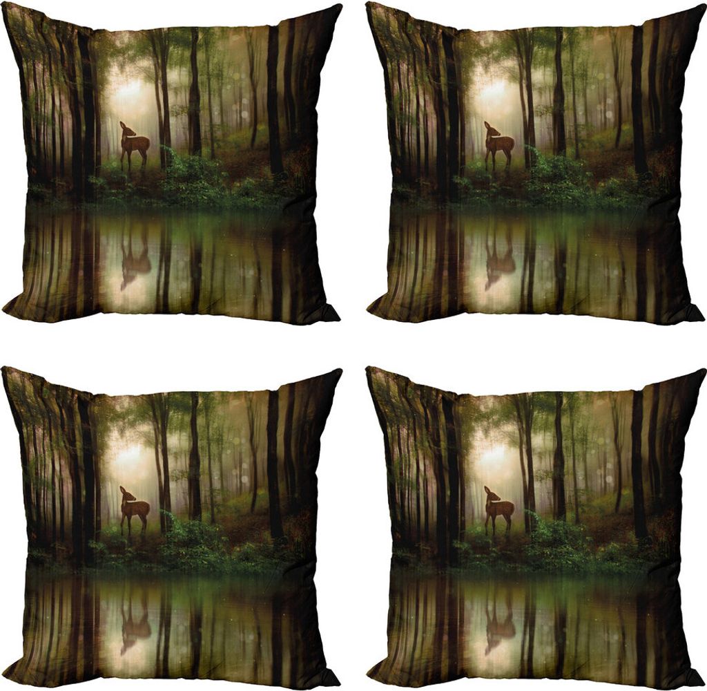 ABAKUHAUS Natur Kissenbezug Set (4 Stück), Baby-Rotwild nebeliger See, Moderner Doppelseitiger Digitaldruck, 50 cm x 50 cm, Fern Green Cocoa Brown