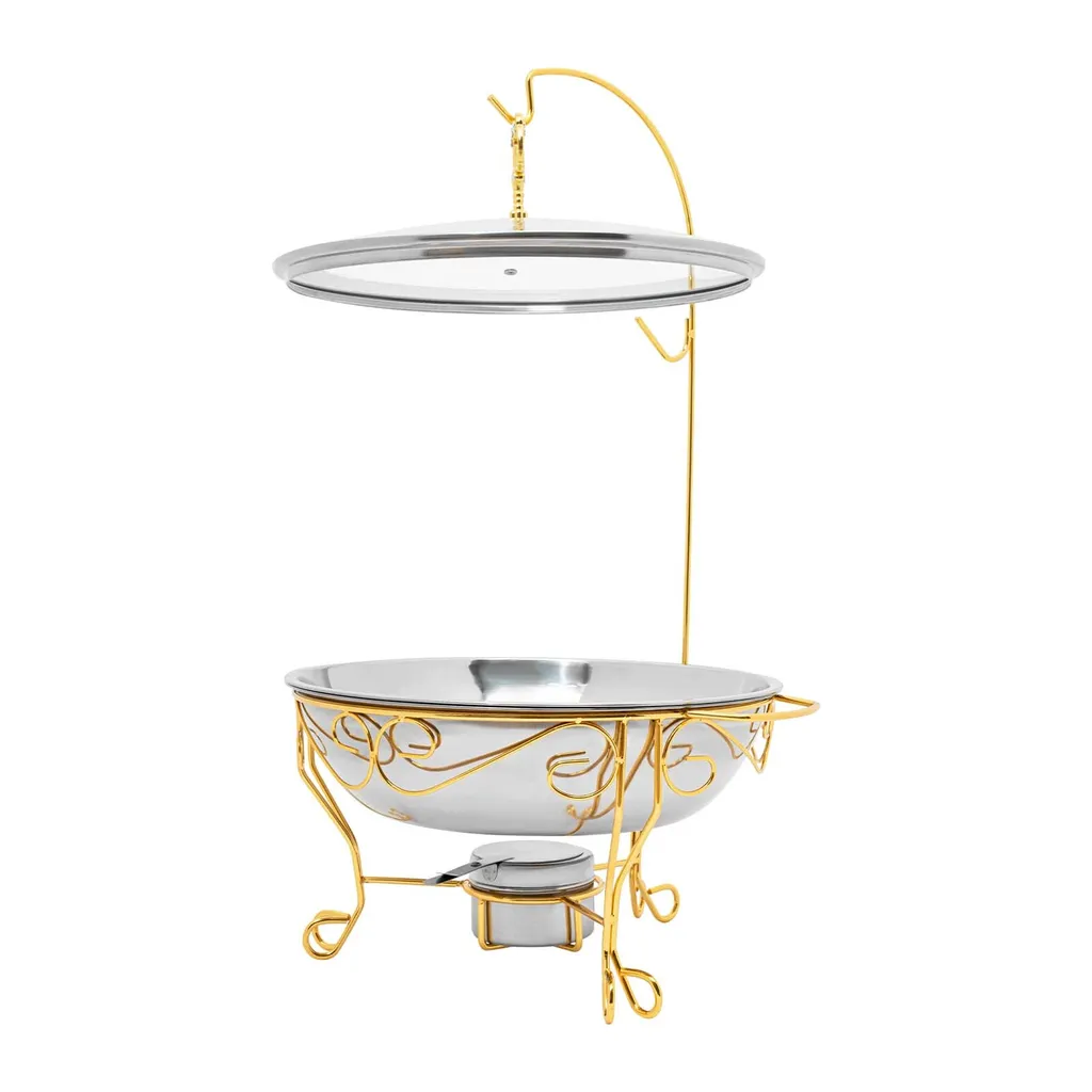 Chafing Dish en Inox Doré Luxe avec Couvercle de Visualisation en Verre