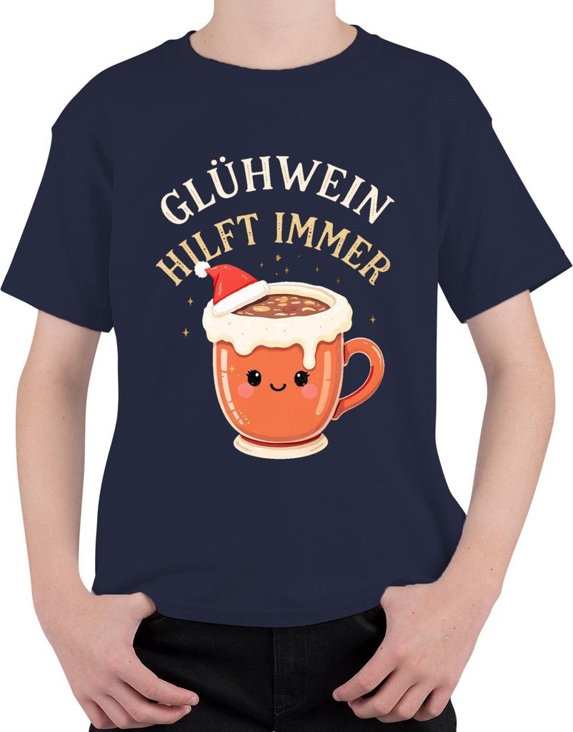 Glühwein hilft immer Becher Weihnachten Kawaii Geschenk lustig Uni Kinder T-Shirt, Navy, 128