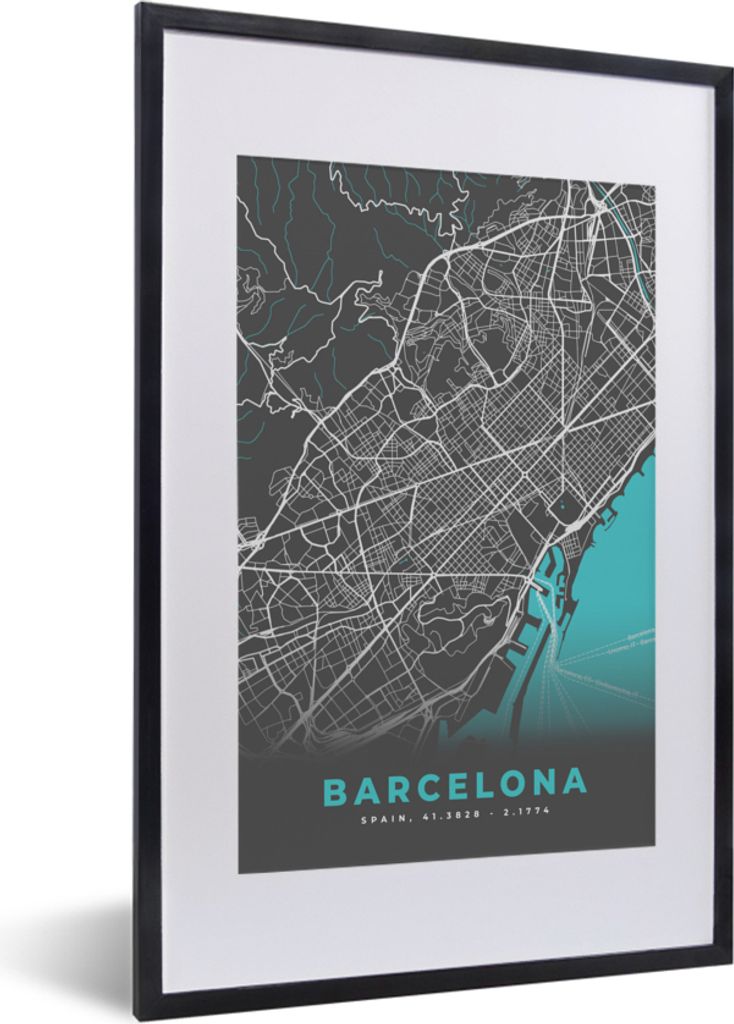 MuchoWow Gerahmtes Poster Barcelona - Blau - Karte - Stadtplan 40x60 cm - Poster mit Schwarzem Bilderrahmen Wandposter Rahmen Foto Bilder - Poste...