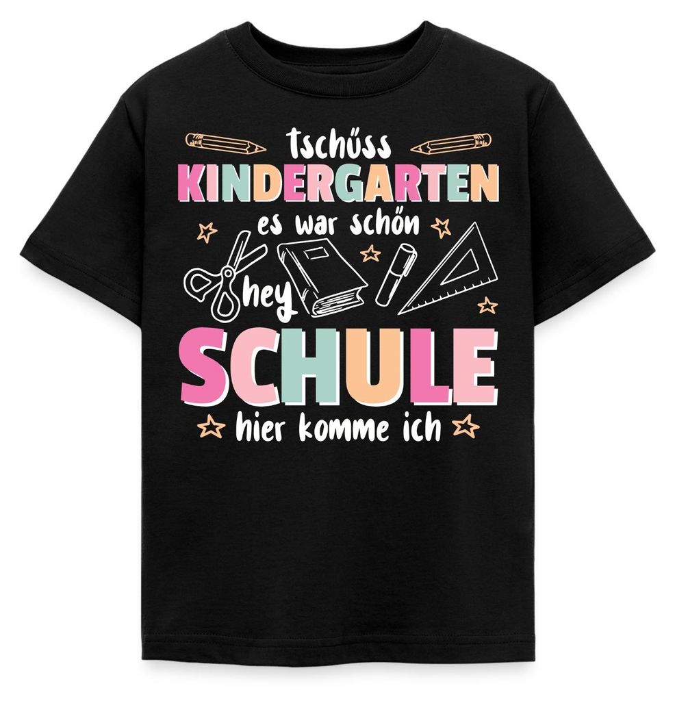 Spreadshirt Tschüss Kindergarten Hey Schule Pastell Kinder T-Shirt, 110/116 (5-6 Jahre), Schwarz
