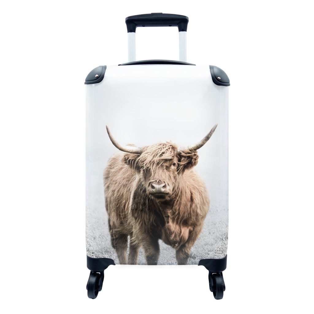 MuchoWow Koffer Handgepäck Trolley Rollkoffer Kleine Reisekoffer mit 4 Rollen - Scottish Highlander - Gras - Weiß - Cabin Size < 55x40x23 cm & ...