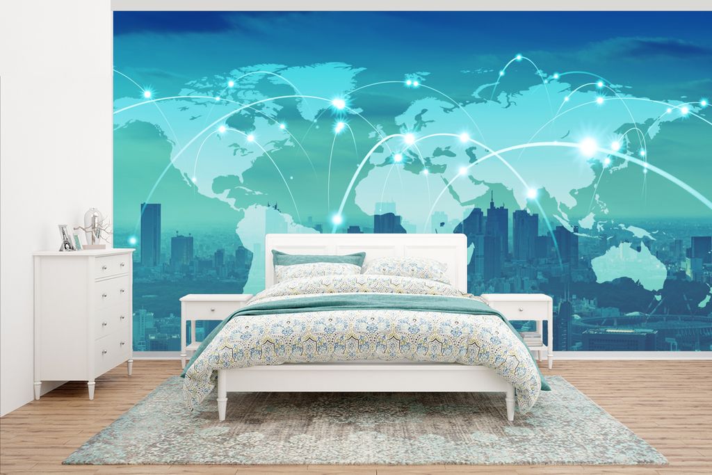 MuchoWow Fototapete für Wohnzimmer oder Schlafzimmer Wandtapete Vinyl Motivtapete Weltkarte - Netzwerk - Blau - 465x260 cm - Hintergrundbild