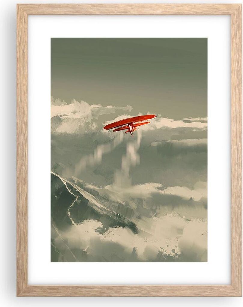 Gerahmtes Poster - Rahmen in heller Eiche - Rot Flugzeug Berge - 30x40 cm - Wand Bild - Wanddeko - Wandbilder - Kunstposter - Wandposter - Bilderra...