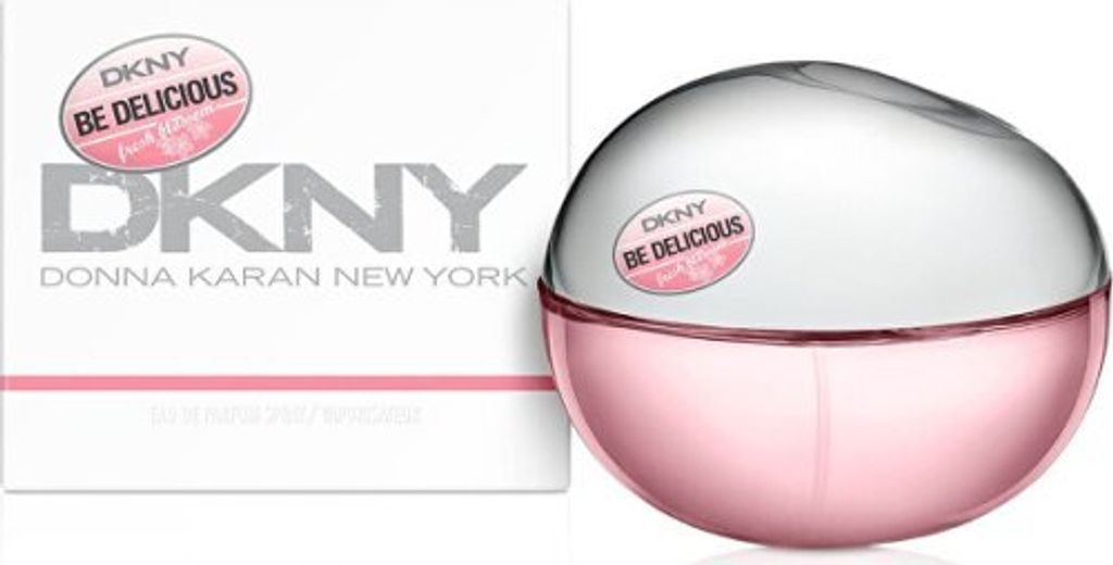 A product shot of DKNY Be Delicious Fresh Blossom eau de Parfum for women, shown next to its packaging.