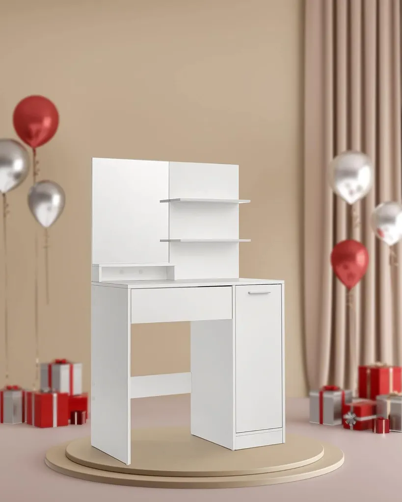 VASAGLE Coiffeuse avec Miroir Blanc, 1 Tiroir et 2 Étagères - Modèle RDT