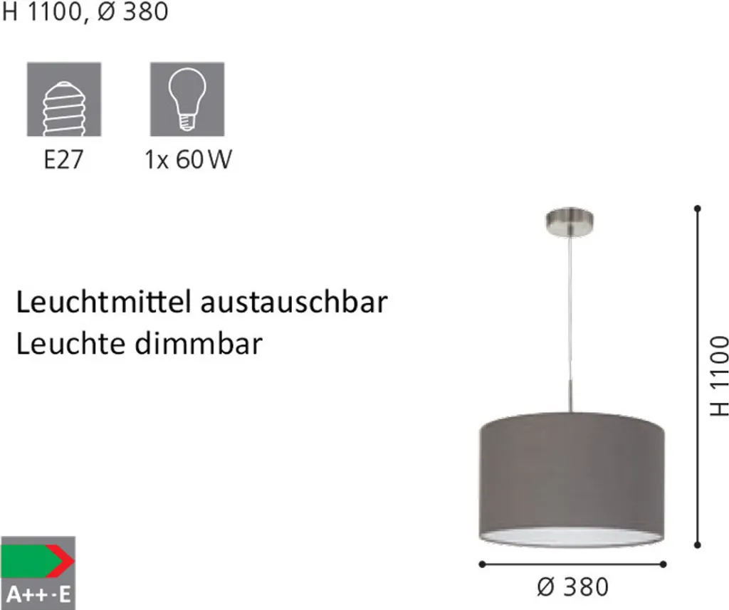 Lampada Sospensione 38cm Eglo Pasteri Tessuto Antracite Nichel Opaco - 16