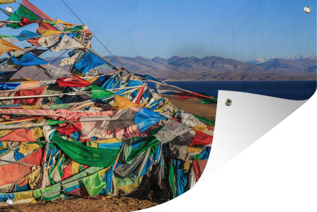 MuchoWow 120x80 cm Outdoor-Poster Gartendeko Sichtschutz Garten Poster für den Garten Tibetische Gebetsfahnen an der Küste des Manasarovar in ...
