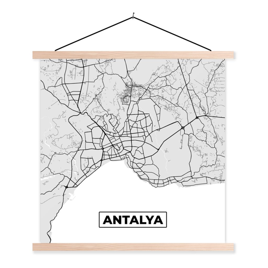 MuchoWow Textilposter Antalya - Stadtplan - Schwarz und weiß - Karte 60x60 cm mit holzfarbenen Rahmen - Wanddekoration