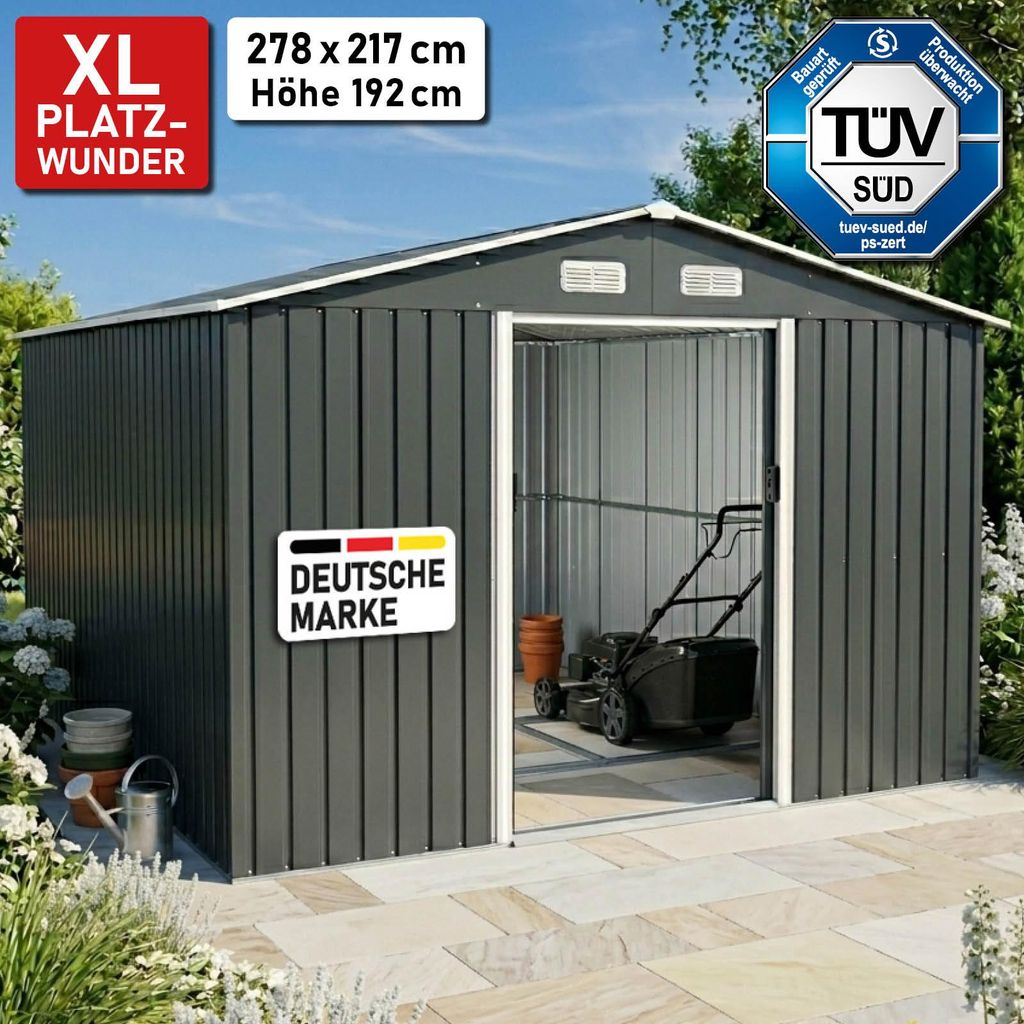 BRAST Gerätehaus Geräteschuppen Metall | 278x217x192 | Satteldach | Gartenhaus mit Doppelschiebetür | Anthrazit | wetterfest wasserdicht